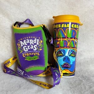 Universal Orlando Mardis Gras Refillable Tumbler Cup With Mardis Gras Cup Holder